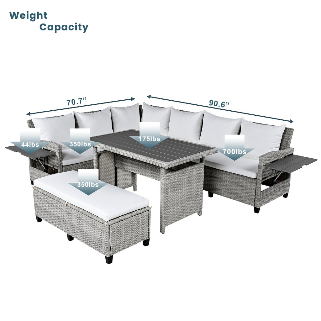 Tomax 5 Piece Outdoor Patio Rattan Sofa Set Sectional Pe Wicker L Shaped Garden Furniture Set With 2 Extendable Side Tables Dining Table And Washable Covers For Backyard Poolside Indoor White - Home Decor & Storage | VELOURY LIVING