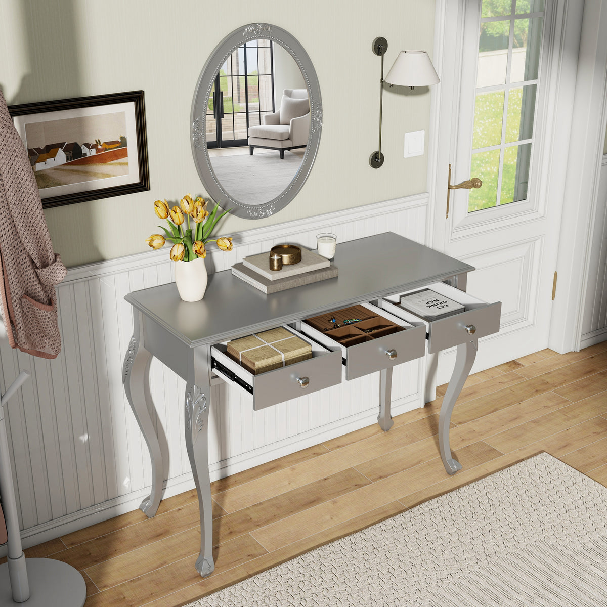 Luxury Makeup Vanity Desk With Oval Mirror 3 Drawer Dressing Table For Jewelry Storage Elegant Console Table For Entryway Living Room Bedroom Stylish Home Decor Silver - Home Decor & Storage | VELOURY LIVING