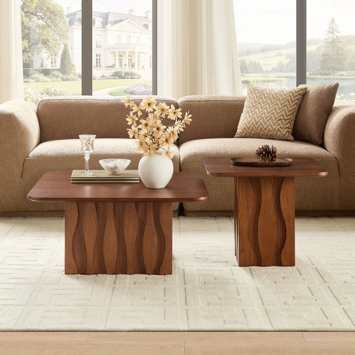 2Pcs Nesting Square Coffee Table Set For Living Room Mid Century Wavy Fluted Base Tables End Side Tables For Leisure Area Office Brown - Home Decor & Storage | VELOURY LIVING