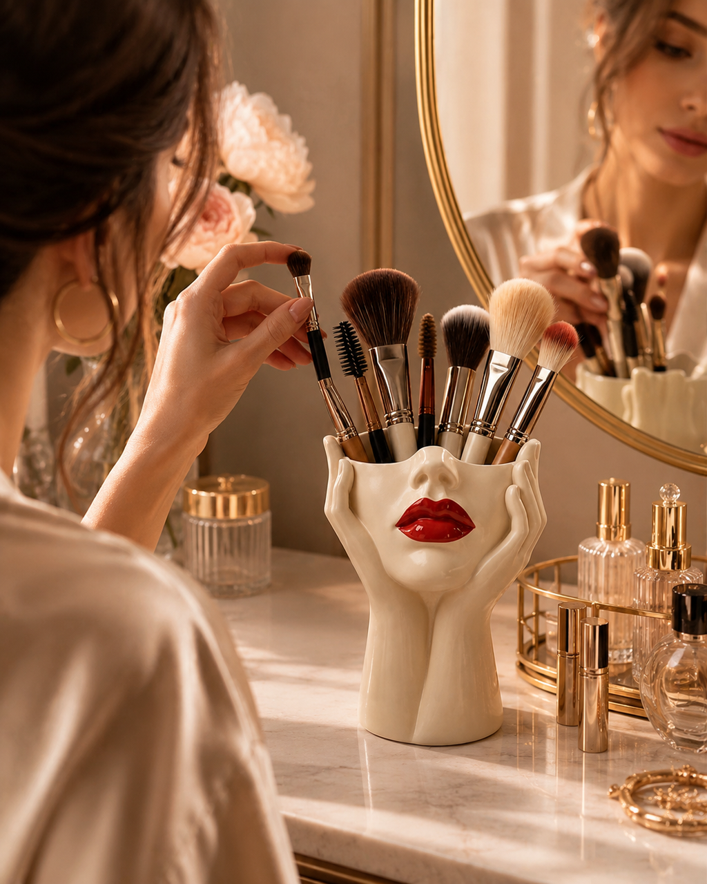 Sculptural Face Makeup Brush Holder – Decorative Vanity Organizer with Red Lips