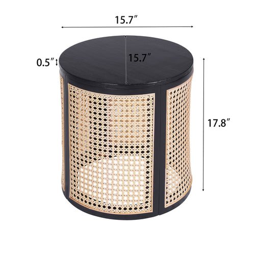 15 70 Round End Table Hollow Woven Side Table Small Rubber Wood Nightstand Rattan Woven Tea Desk Round Wood Tabletop Chic Home Decor Desk Easy Assembly Black Color - Home Decor & Storage | VELOURY LIVING