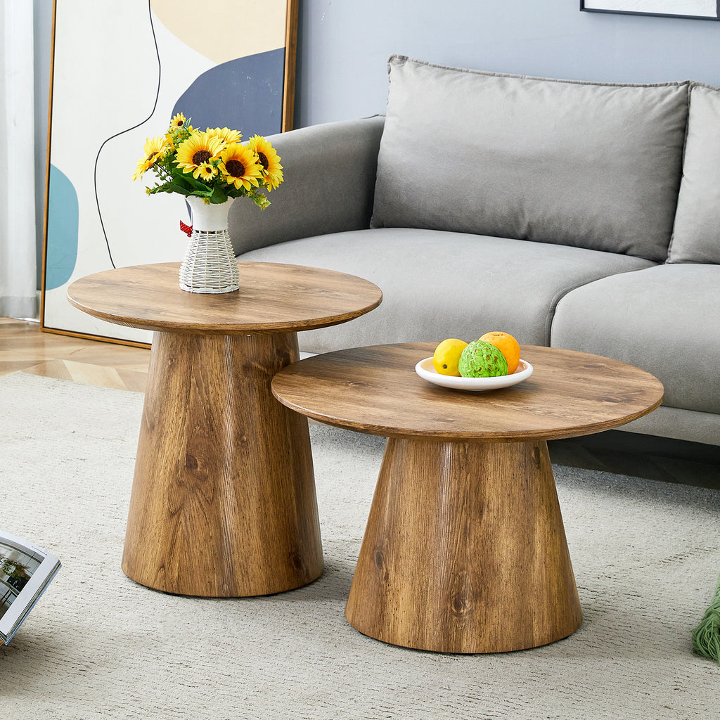Coffee Table Set In Natural Wood Look Mdf 2 Round Stool Side Tables High 50X48 Cm Low 60X35 Cm Natural Grain Stable Base Suitable For Living Room Lounge Area - Home Decor & Storage | VELOURY LIVING