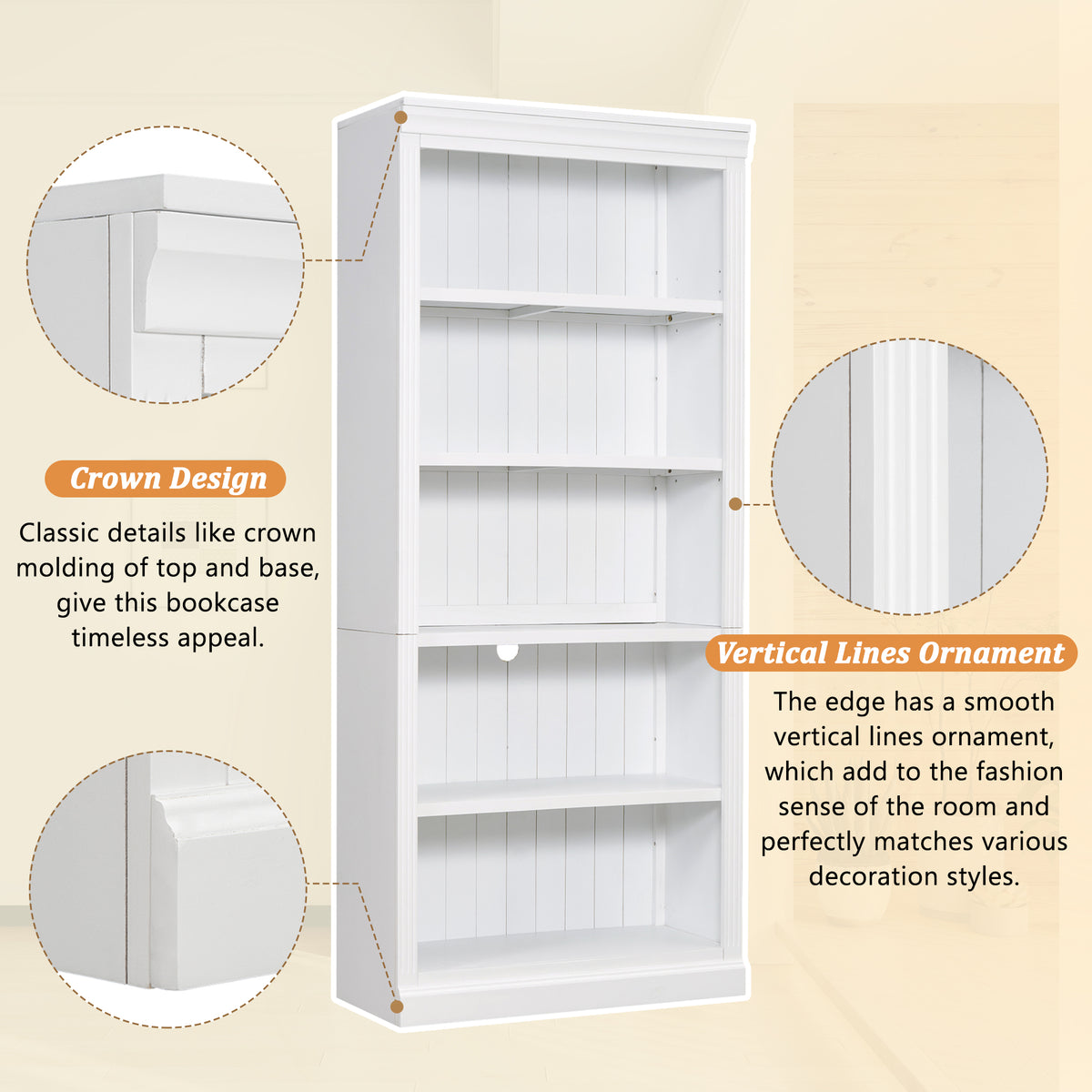 83 4 Tall Wood Bookcase With Light Strip 5 Tier Decor Bookshelves With Adjustable Shelves Storage Organizer For Cds Books Free Standing Storage Shelves For Living Room Home Office White - Home Decor & Storage | VELOURY LIVING