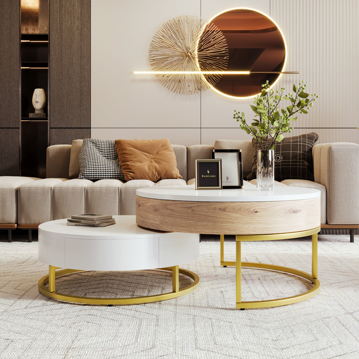 Modern Round Lift Top Nesting Coffee Tables With 2 Drawers White Natural - Home Decor & Storage | VELOURY LIVING