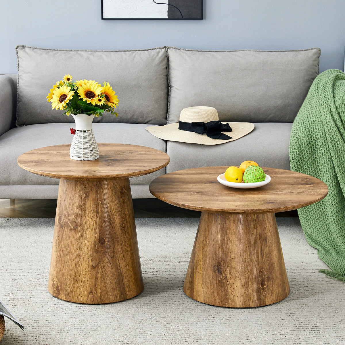 Coffee Table Set In Natural Wood Look Mdf 2 Round Stool Side Tables High 50X48 Cm Low 60X35 Cm Natural Grain Stable Base Suitable For Living Room Lounge Area - Home Decor & Storage | VELOURY LIVING