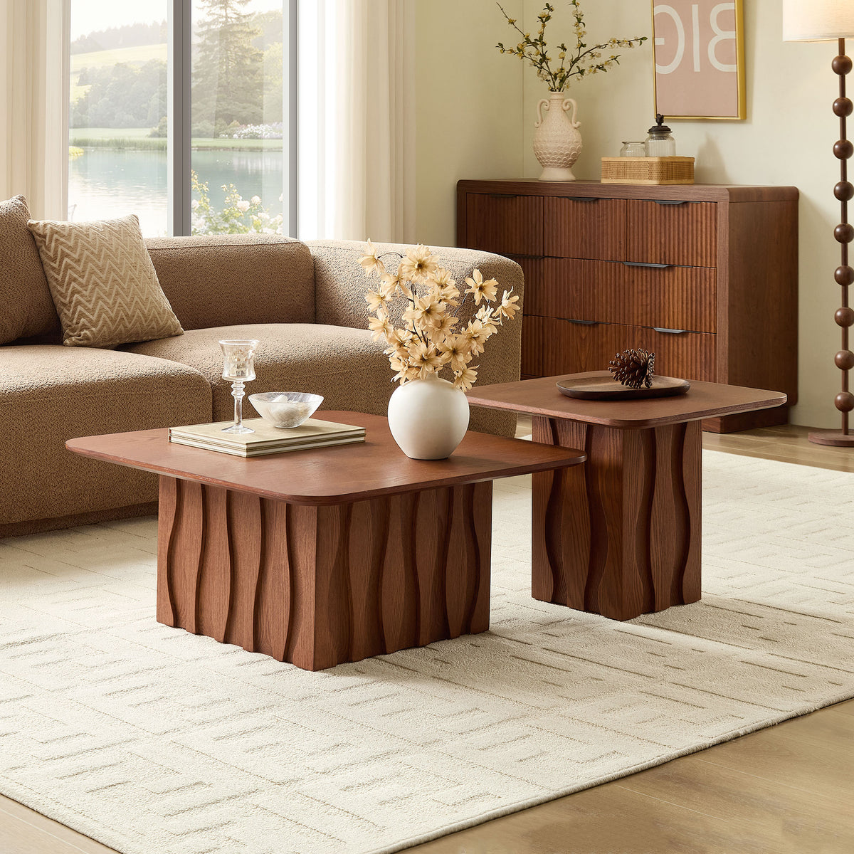 2Pcs Nesting Square Coffee Table Set For Living Room Mid Century Wavy Fluted Base Tables End Side Tables For Leisure Area Office Brown - Home Decor & Storage | VELOURY LIVING