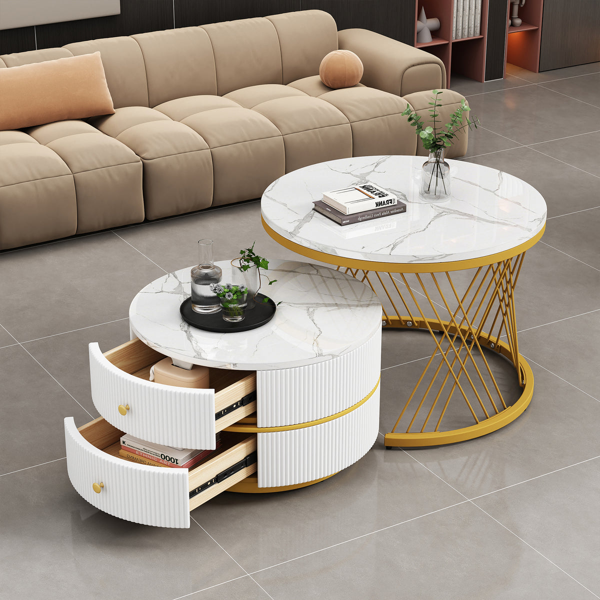 Elegant 2 Piece White Nest Shaped Coffee Table Set 60X60X46Cm 50X50X30 8Cm Round Tables With High Gloss Marble Look 2 Drawers Can Hold Up To 30Kg Nesting Combination Coffee Table - Home Decor & Storage | VELOURY LIVING