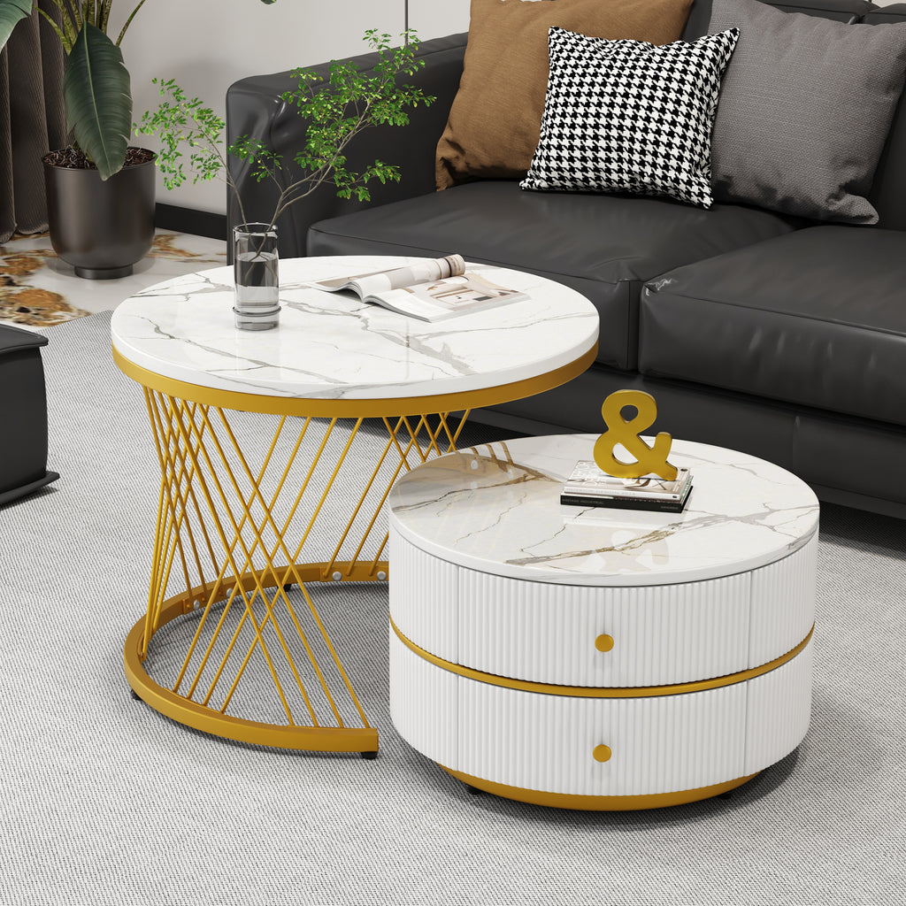 Elegant 2 Piece White Nest Shaped Coffee Table Set 60X60X46Cm 50X50X30 8Cm Round Tables With High Gloss Marble Look 2 Drawers Can Hold Up To 30Kg Nesting Combination Coffee Table - Home Decor & Storage | VELOURY LIVING