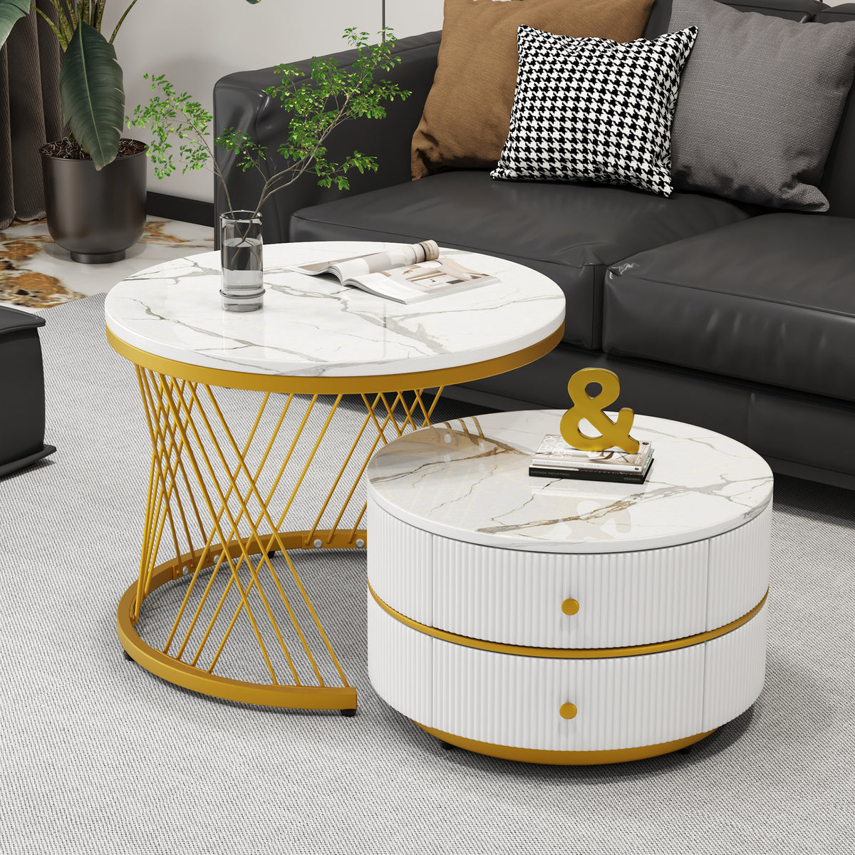 Elegant 2 Piece White Nest Shaped Coffee Table Set 60X60X46Cm 50X50X30 8Cm Round Tables With High Gloss Marble Look 2 Drawers Can Hold Up To 30Kg Nesting Combination Coffee Table - Home Decor & Storage | VELOURY LIVING