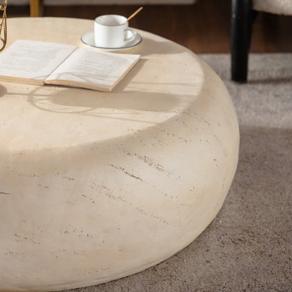 Mgo Mid Century Round Centre Coffee Table Vintage Faux Stone Sofa Pre Modern Coffee Tables Beige Coffee Table For Living Room Office Apartment - Home Decor & Storage | VELOURY LIVING
