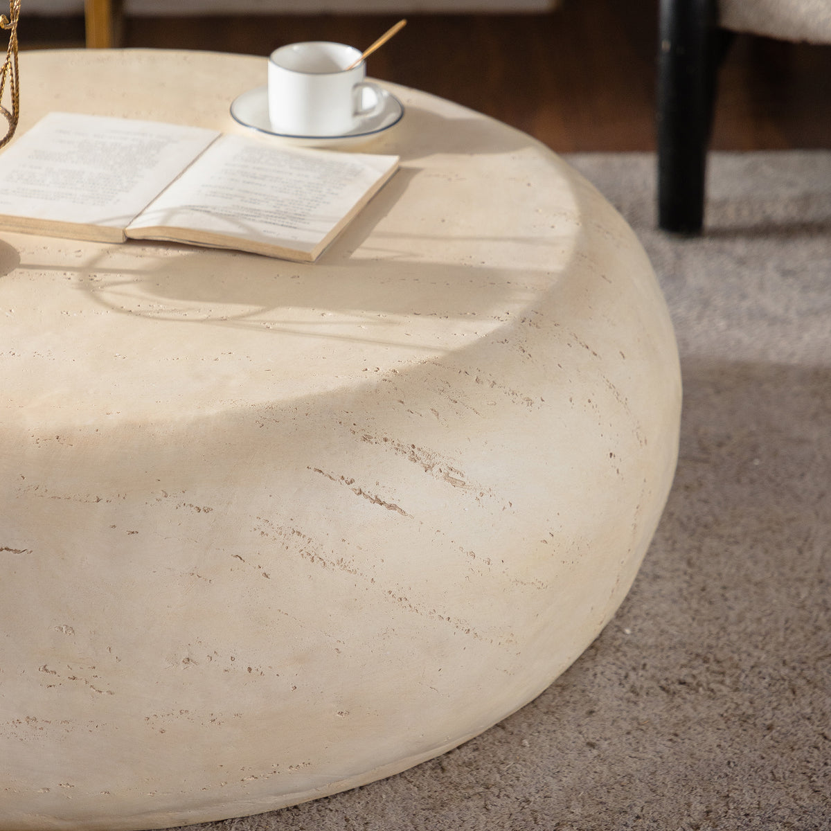 Mgo Mid Century Round Centre Coffee Table Vintage Faux Stone Sofa Pre Modern Coffee Tables Beige Coffee Table For Living Room Office Apartment - Home Decor & Storage | VELOURY LIVING