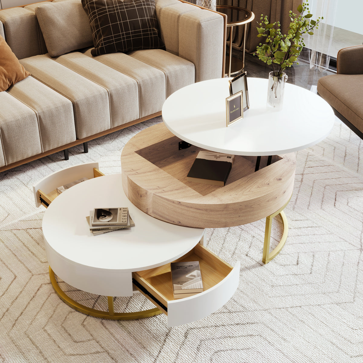 Modern Round Lift Top Nesting Coffee Tables With 2 Drawers White Natural - Home Decor & Storage | VELOURY LIVING