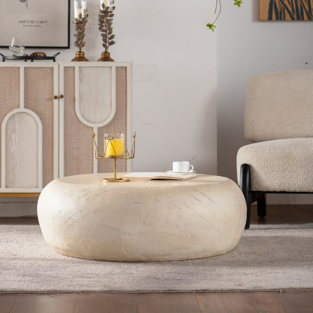 Mgo Mid Century Round Centre Coffee Table Vintage Faux Stone Sofa Pre Modern Coffee Tables Beige Coffee Table For Living Room Office Apartment - Home Decor & Storage | VELOURY LIVING