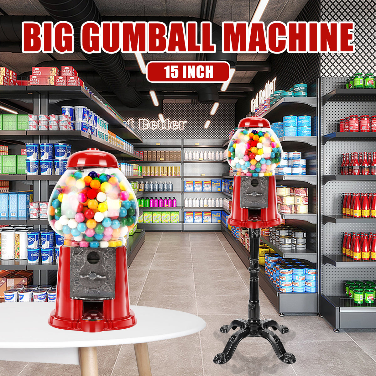 15 Inch Commercial Red Big Gumball Machine With Stand Key Operated Uncharged Candy Dispenser Machine Bubble Gum Machine Coin Operated Metal Candy Machine Halloween Christmas Fun Party Gift Xh - Home Decor & Storage | VELOURY LIVING