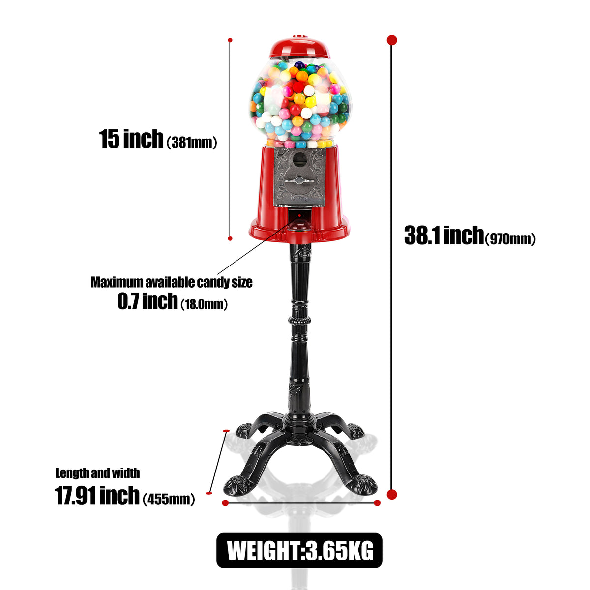 15 Inch Commercial Red Big Gumball Machine With Stand Key Operated Uncharged Candy Dispenser Machine Bubble Gum Machine Coin Operated Metal Candy Machine Halloween Christmas Fun Party Gift Xh - Home Decor & Storage | VELOURY LIVING