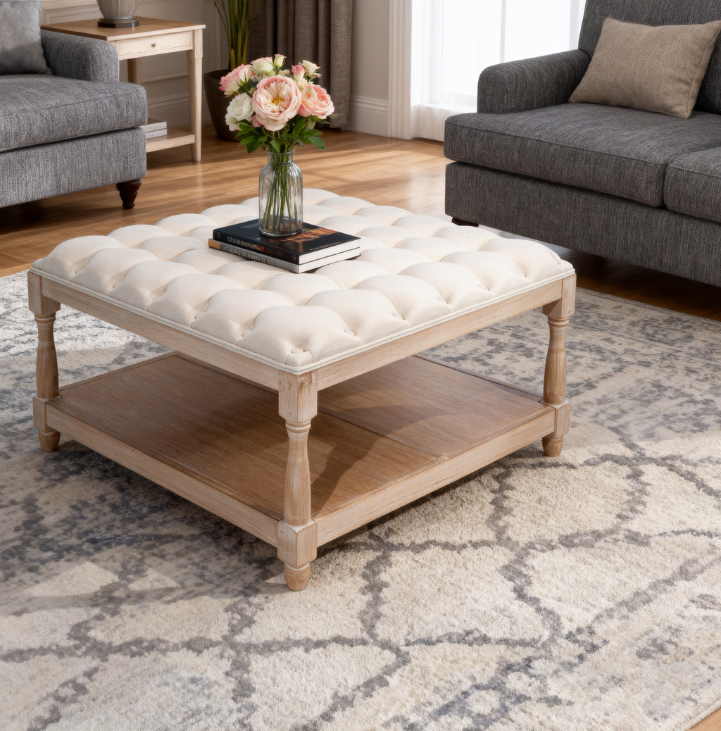 33 Inch Large Square Ottoman Coffee Tables For Living Room Tufted Upholstered Linen Ottoman With Storage Shelf And Solid Legs For Office Bedroom Farmhouse Beige - Home Decor & Storage | VELOURY LIVING