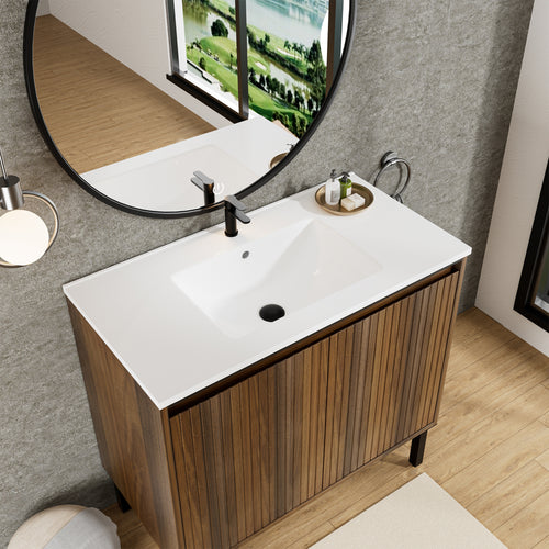 36 Inch Bathroom Vanity With Sink Floor Standing Structure For Stability Soft Closing Drawers For Noiseless Operation Sleek Oak Finish For Modern Aesthetic White Sink - Home Decor & Storage | VELOURY LIVING