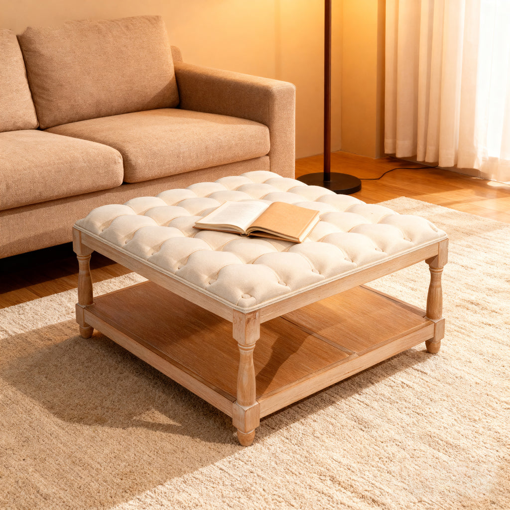 33 Inch Large Square Ottoman Coffee Tables For Living Room Tufted Upholstered Linen Ottoman With Storage Shelf And Solid Legs For Office Bedroom Farmhouse Beige - Home Decor & Storage | VELOURY LIVING