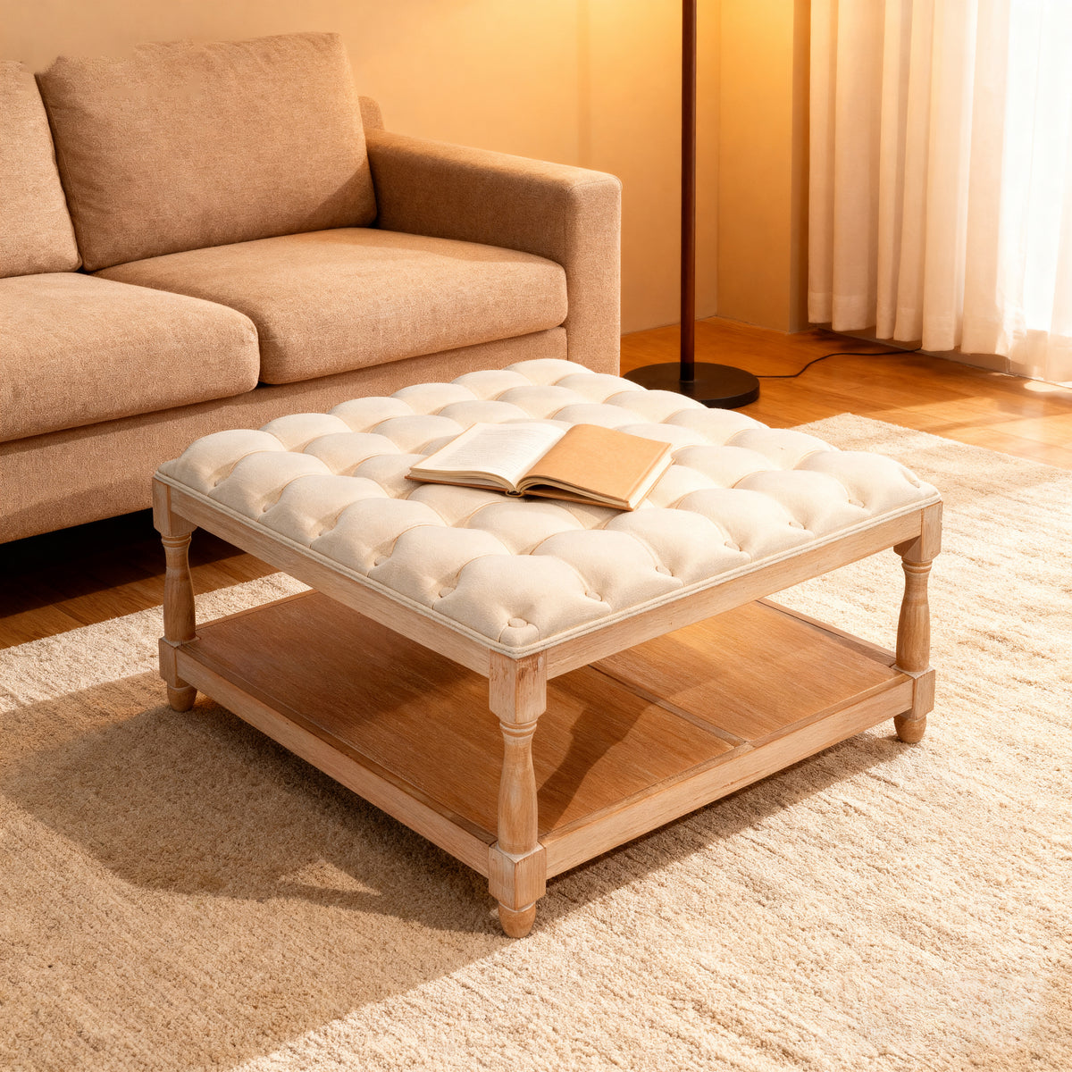 33 Inch Large Square Ottoman Coffee Tables For Living Room Tufted Upholstered Linen Ottoman With Storage Shelf And Solid Legs For Office Bedroom Farmhouse Beige - Home Decor & Storage | VELOURY LIVING