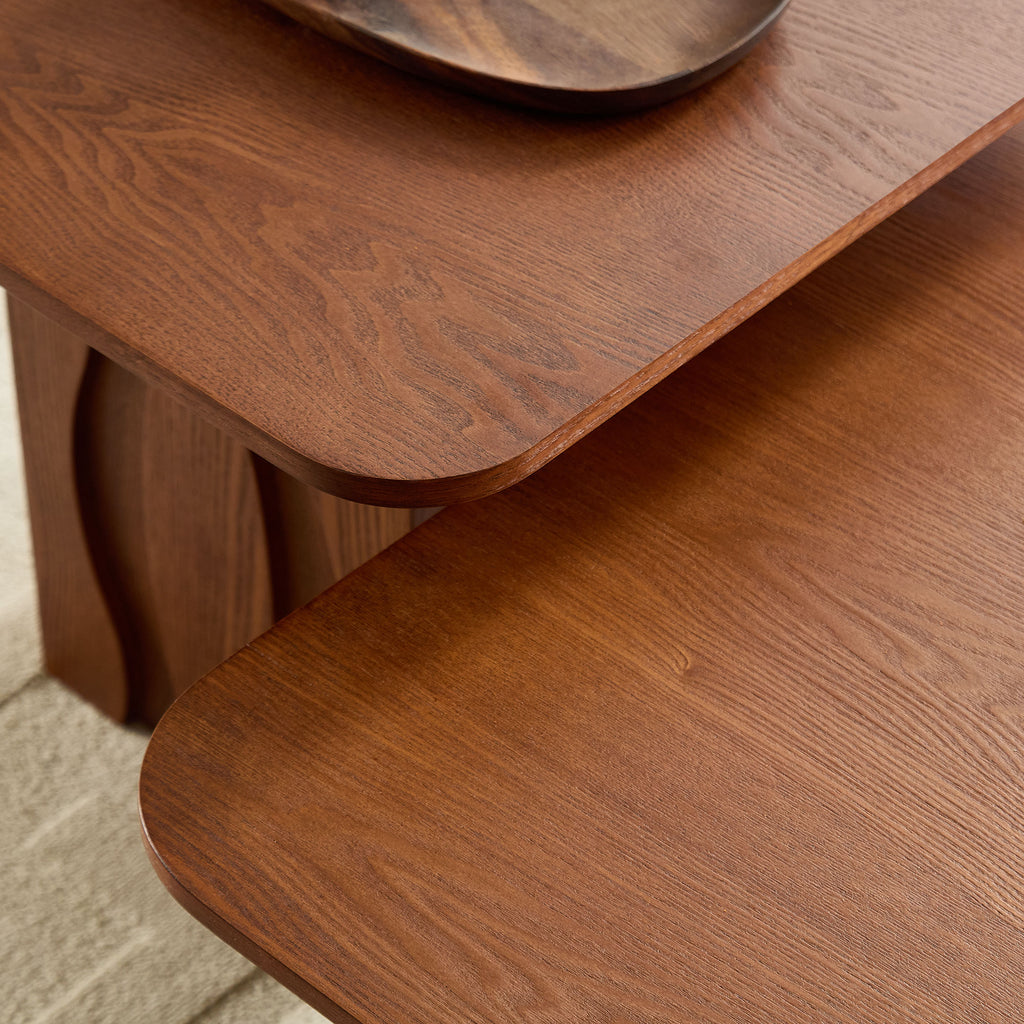 2Pcs Nesting Square Coffee Table Set For Living Room Mid Century Wavy Fluted Base Tables End Side Tables For Leisure Area Office Brown - Home Decor & Storage | VELOURY LIVING