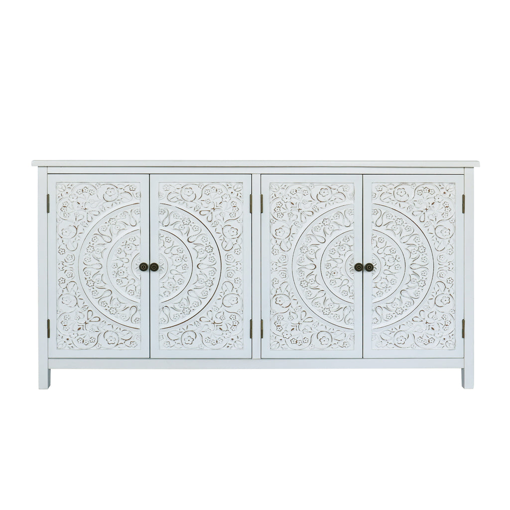 60 White Accent Cabinet With 4 Doors Rustic Wood Sideboard Pantry Cabinet Versatile Buffet Cabinet With Storage For Home Decor And Organization Chic Cabinet - Home Decor & Storage | VELOURY LIVING