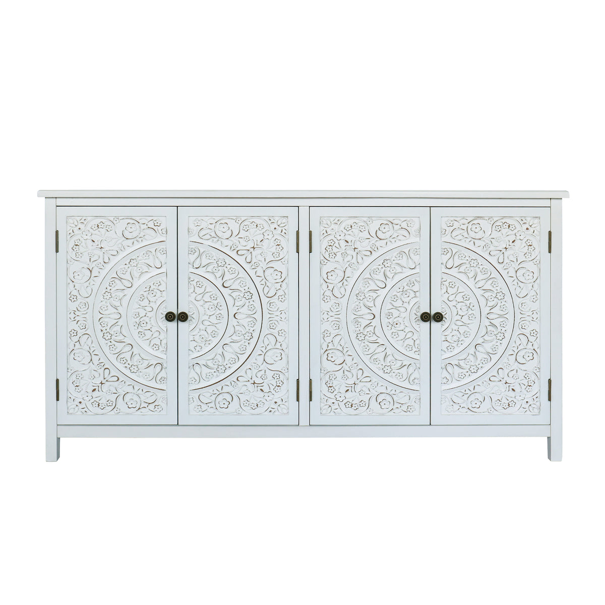 60 White Accent Cabinet With 4 Doors Rustic Wood Sideboard Pantry Cabinet Versatile Buffet Cabinet With Storage For Home Decor And Organization Chic Cabinet - Home Decor & Storage | VELOURY LIVING