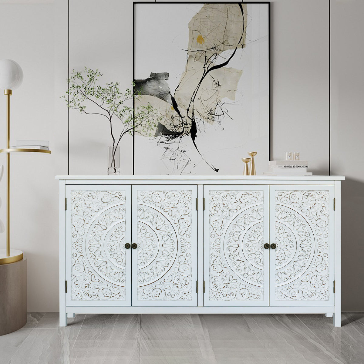 60 White Accent Cabinet With 4 Doors Rustic Wood Sideboard Pantry Cabinet Versatile Buffet Cabinet With Storage For Home Decor And Organization Chic Cabinet - Home Decor & Storage | VELOURY LIVING