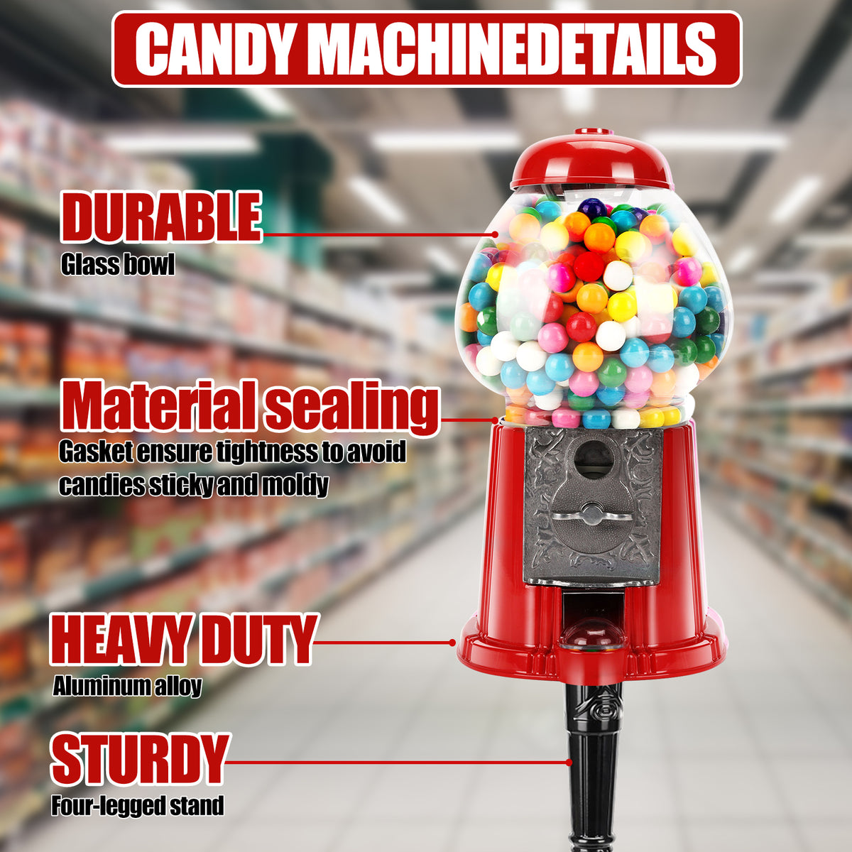 15 Inch Commercial Red Big Gumball Machine With Stand Key Operated Uncharged Candy Dispenser Machine Bubble Gum Machine Coin Operated Metal Candy Machine Halloween Christmas Fun Party Gift Xh - Home Decor & Storage | VELOURY LIVING