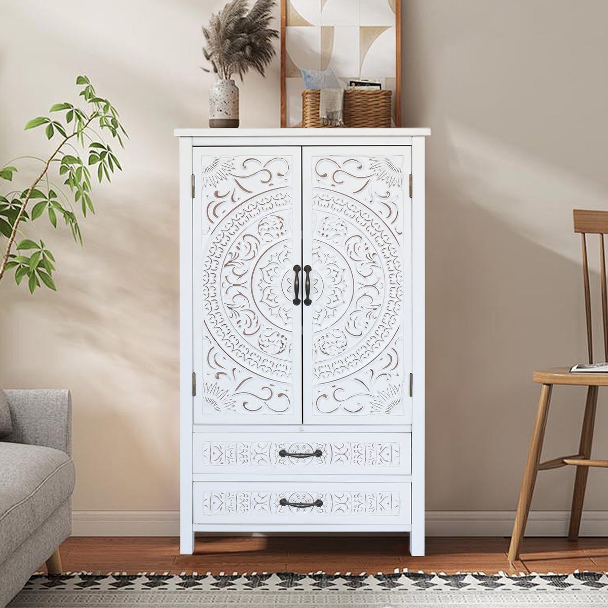 27 Accent Tall Tower White Storage Cabinet Rustic Wood Sideboard Pantry Cabinet Versatile Buffet Cabinet With Storage For Home Decor And Organization Chic Cabinet With Two Doors And Two Drawers - Home Decor & Storage | VELOURY LIVING