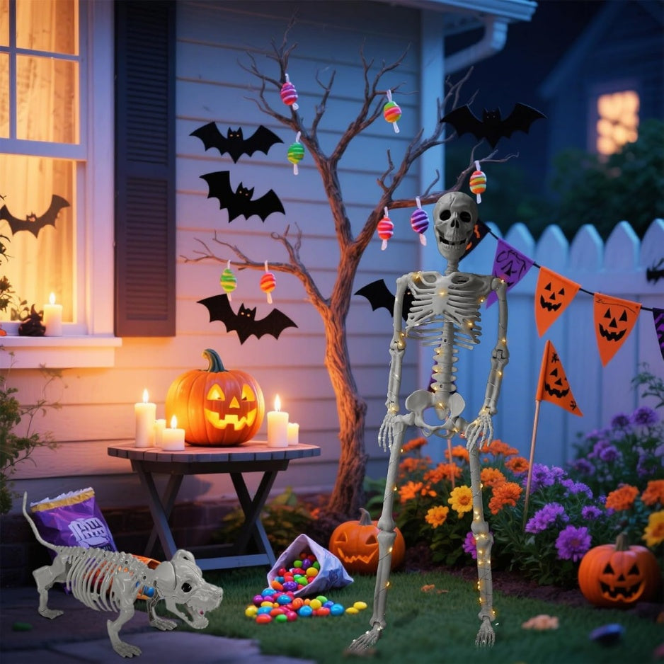 Lighted Human Dog Skeleton Halloween Decorations Outdoor Indoor 36 Inch Realistic Full Body Movable Posable Skeleton Spooky Halloween Decor - Home Decor & Storage | VELOURY LIVING