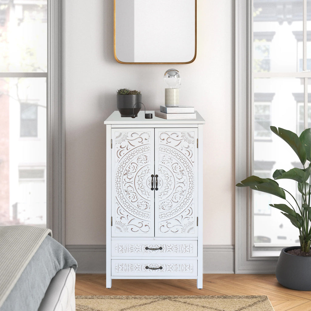 27 Accent Tall Tower White Storage Cabinet Rustic Wood Sideboard Pantry Cabinet Versatile Buffet Cabinet With Storage For Home Decor And Organization Chic Cabinet With Two Doors And Two Drawers - Home Decor & Storage | VELOURY LIVING