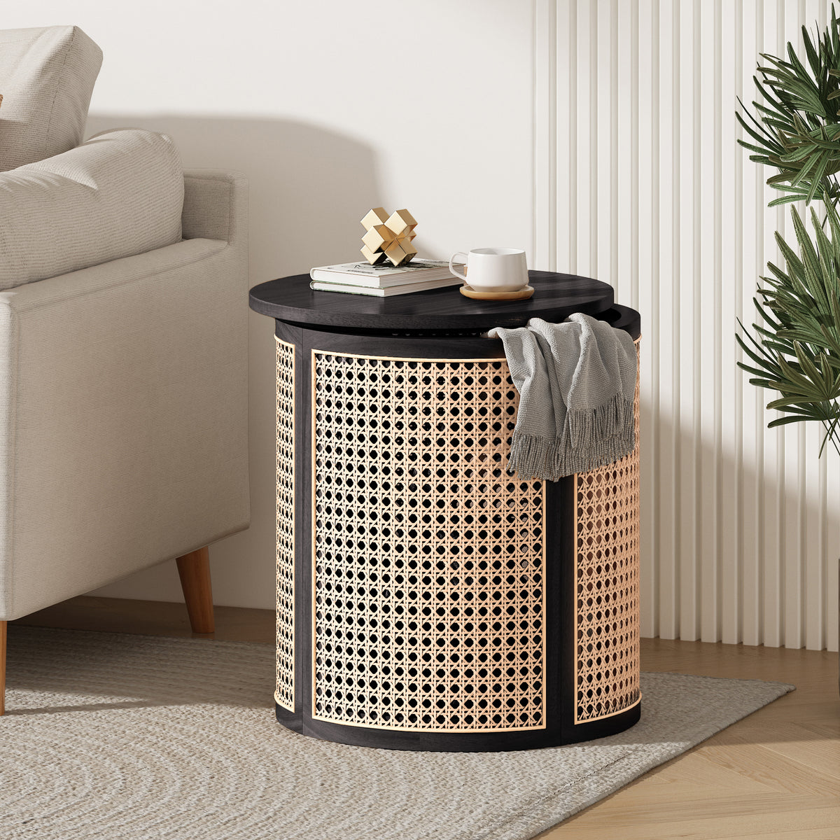 15 70 Round End Table Hollow Woven Side Table Small Rubber Wood Nightstand Rattan Woven Tea Desk Round Wood Tabletop Chic Home Decor Desk Easy Assembly Black Color - Home Decor & Storage | VELOURY LIVING