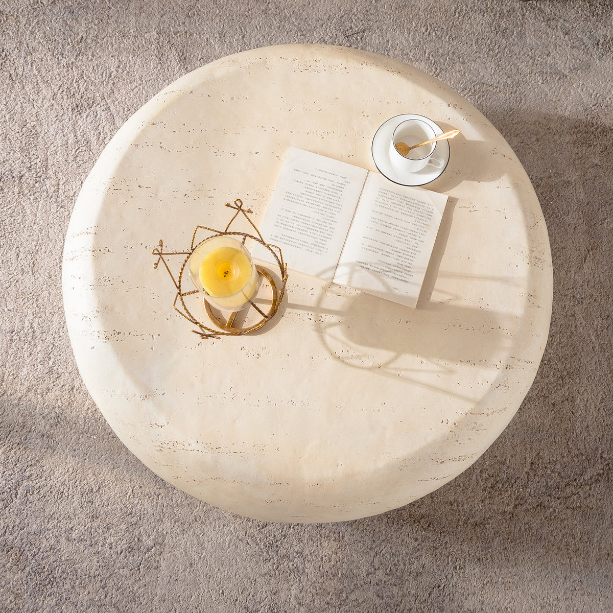 Mgo Mid Century Round Centre Coffee Table Vintage Faux Stone Sofa Pre Modern Coffee Tables Beige Coffee Table For Living Room Office Apartment - Home Decor & Storage | VELOURY LIVING
