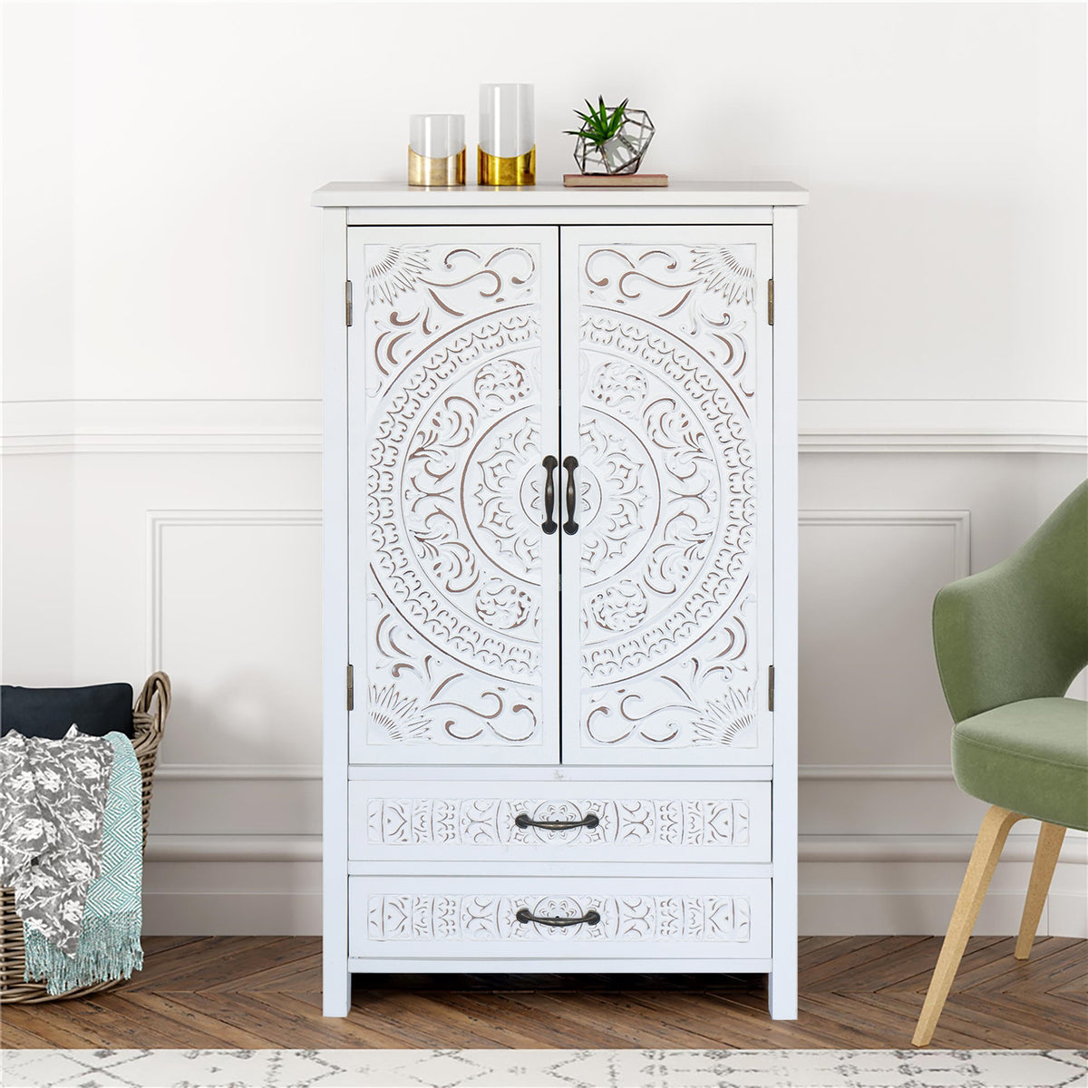 27 Accent Tall Tower White Storage Cabinet Rustic Wood Sideboard Pantry Cabinet Versatile Buffet Cabinet With Storage For Home Decor And Organization Chic Cabinet With Two Doors And Two Drawers - Home Decor & Storage | VELOURY LIVING