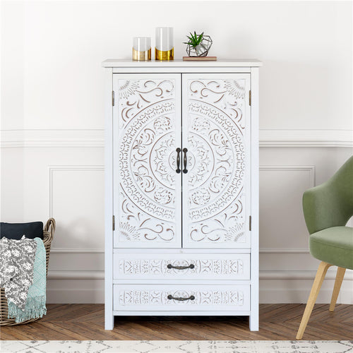 27 Accent Tall Tower White Storage Cabinet Rustic Wood Sideboard Pantry Cabinet Versatile Buffet Cabinet With Storage For Home Decor And Organization Chic Cabinet With Two Doors And Two Drawers - Home Decor & Storage | VELOURY LIVING