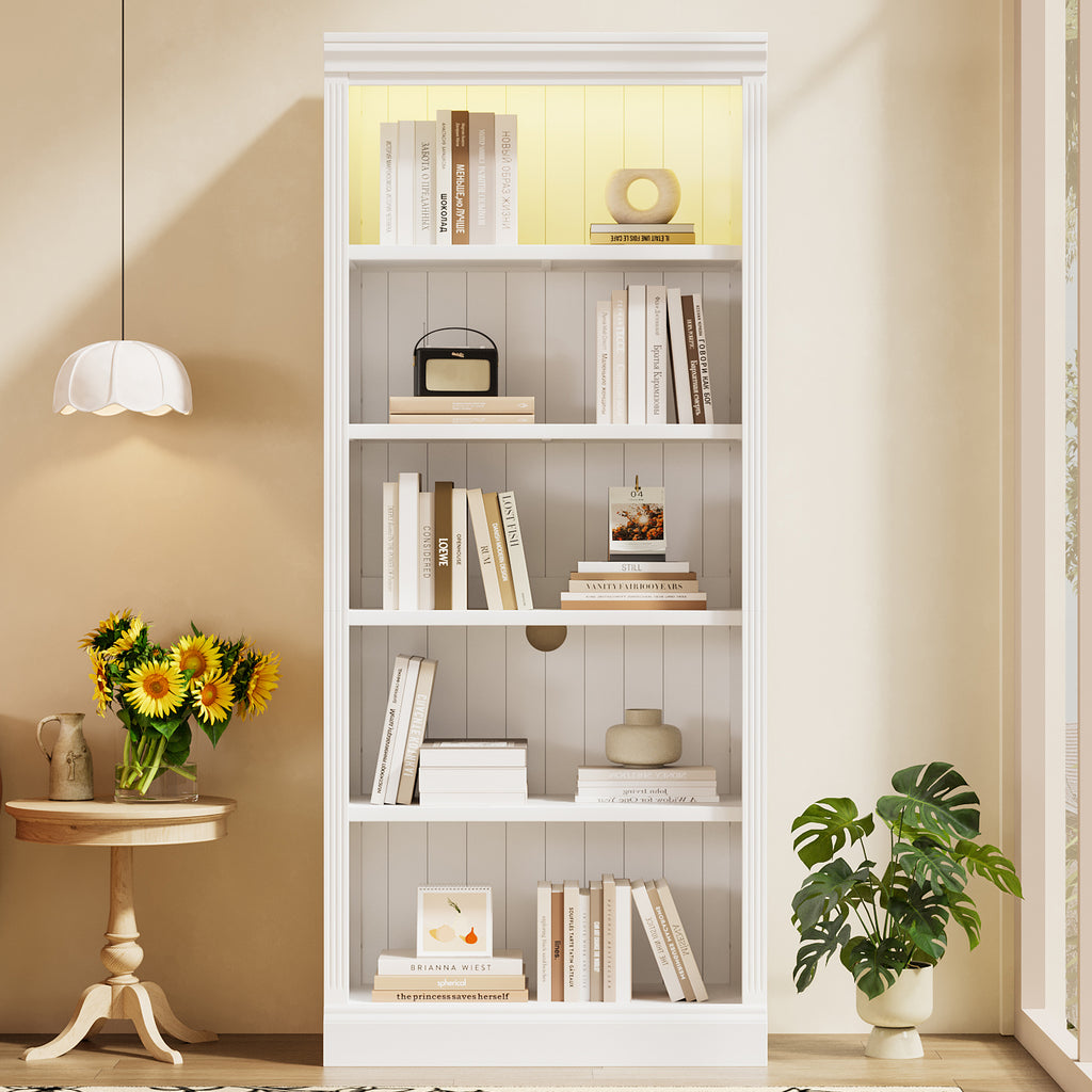 83 4 Tall Wood Bookcase With Light Strip 5 Tier Decor Bookshelves With Adjustable Shelves Storage Organizer For Cds Books Free Standing Storage Shelves For Living Room Home Office White - Home Decor & Storage | VELOURY LIVING