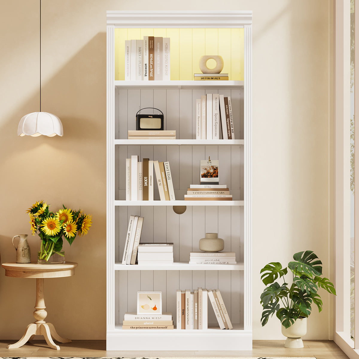 83 4 Tall Wood Bookcase With Light Strip 5 Tier Decor Bookshelves With Adjustable Shelves Storage Organizer For Cds Books Free Standing Storage Shelves For Living Room Home Office White - Home Decor & Storage | VELOURY LIVING