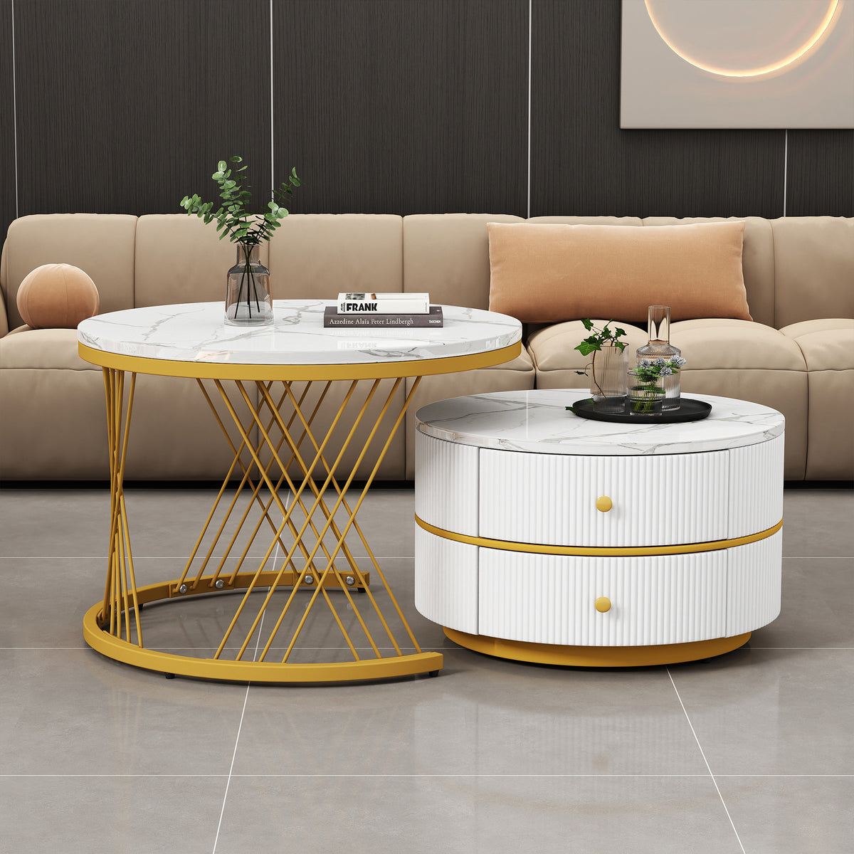 Elegant 2 Piece White Nest Shaped Coffee Table Set 60X60X46Cm 50X50X30 8Cm Round Tables With High Gloss Marble Look 2 Drawers Can Hold Up To 30Kg Nesting Combination Coffee Table - Home Decor & Storage | VELOURY LIVING