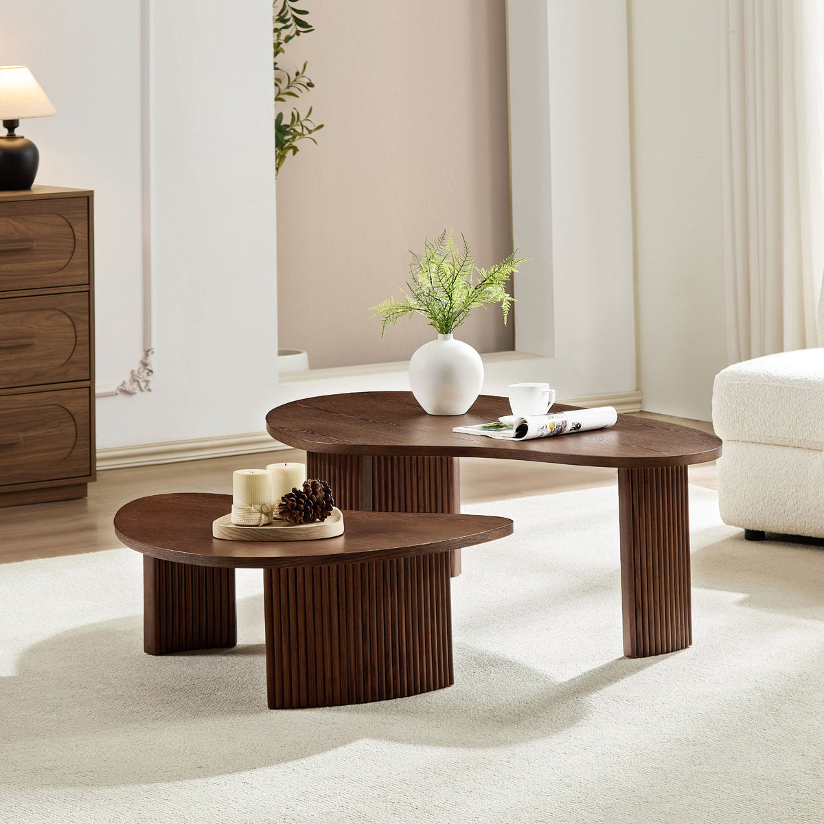 2 Piece Modern Irregular Shape Coffee Table Set For Living Room Easy Assembly Nesting Coffee Tables End Side Tables For Living Room Office Walnut Color - Home Decor & Storage | VELOURY LIVING