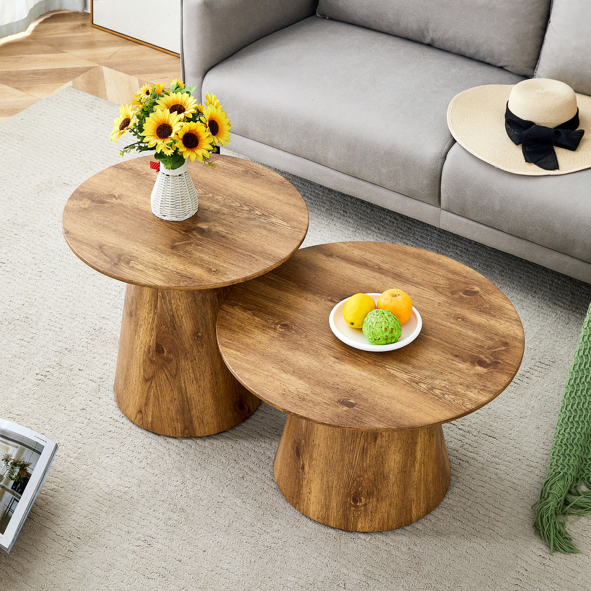 Coffee Table Set In Natural Wood Look Mdf 2 Round Stool Side Tables High 50X48 Cm Low 60X35 Cm Natural Grain Stable Base Suitable For Living Room Lounge Area - Home Decor & Storage | VELOURY LIVING