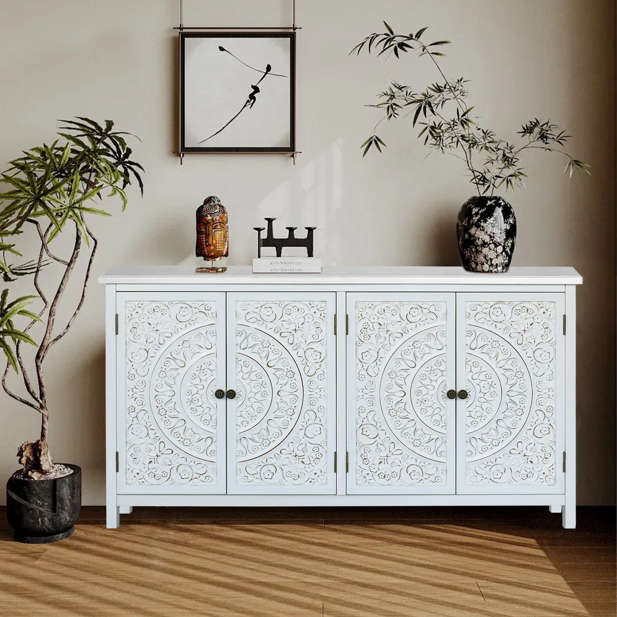 60 White Accent Cabinet With 4 Doors Rustic Wood Sideboard Pantry Cabinet Versatile Buffet Cabinet With Storage For Home Decor And Organization Chic Cabinet - Home Decor & Storage | VELOURY LIVING