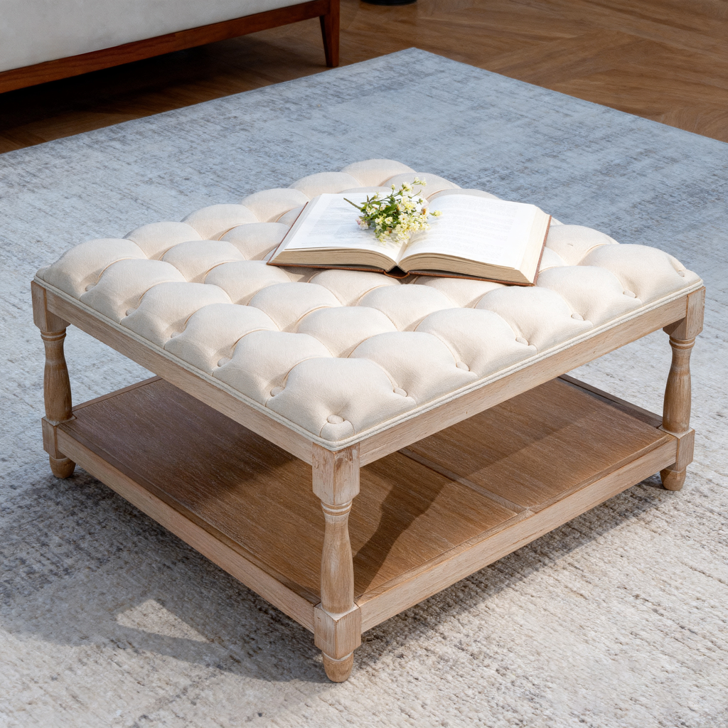 33 Inch Large Square Ottoman Coffee Tables For Living Room Tufted Upholstered Linen Ottoman With Storage Shelf And Solid Legs For Office Bedroom Farmhouse Beige - Home Decor & Storage | VELOURY LIVING
