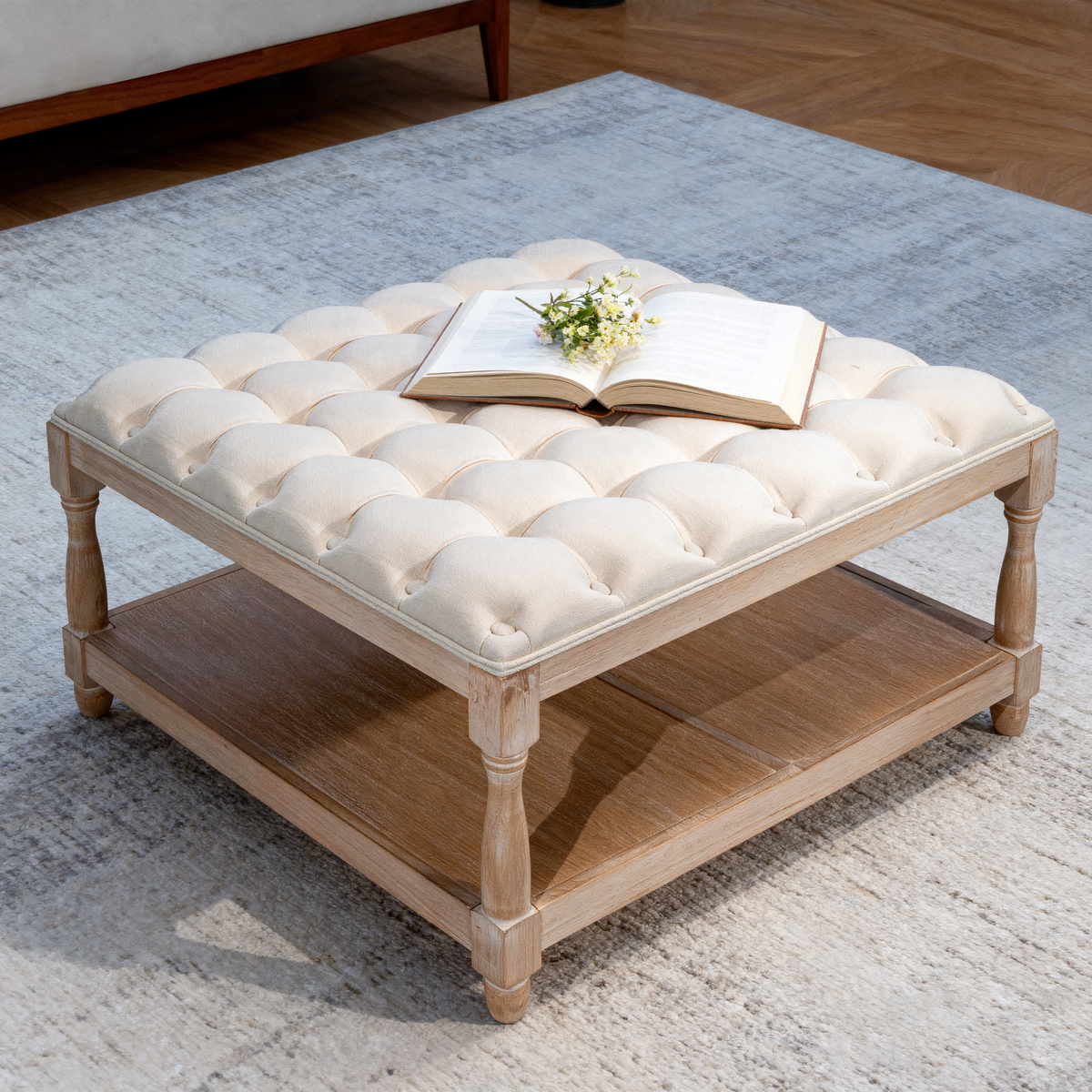 33 Inch Large Square Ottoman Coffee Tables For Living Room Tufted Upholstered Linen Ottoman With Storage Shelf And Solid Legs For Office Bedroom Farmhouse Beige - Home Decor & Storage | VELOURY LIVING