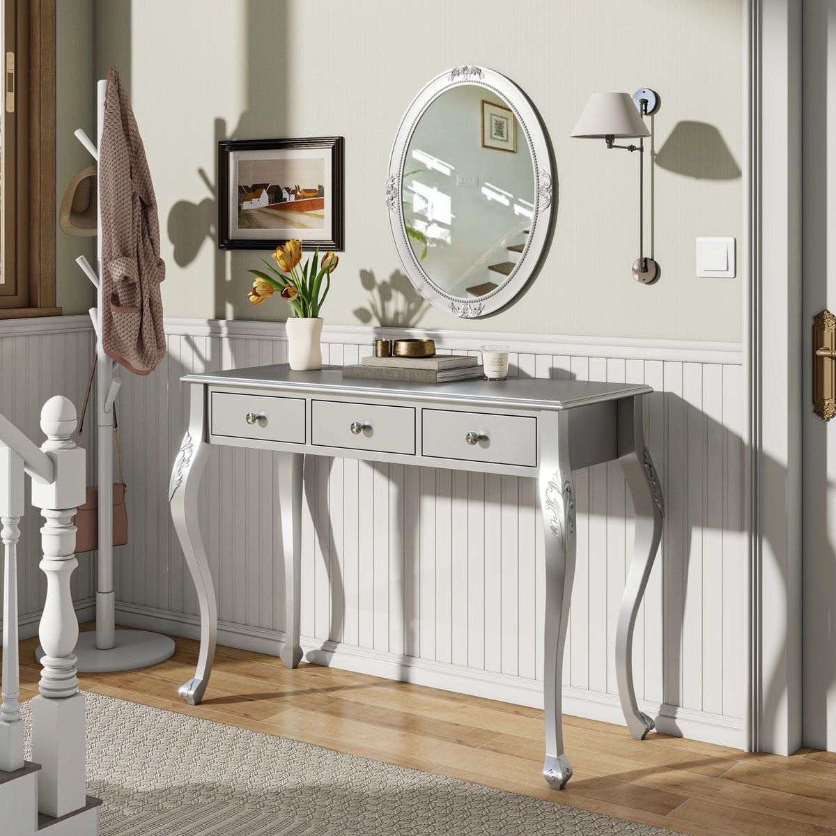 Luxury Makeup Vanity Desk With Oval Mirror 3 Drawer Dressing Table For Jewelry Storage Elegant Console Table For Entryway Living Room Bedroom Stylish Home Decor Silver - Home Decor & Storage | VELOURY LIVING