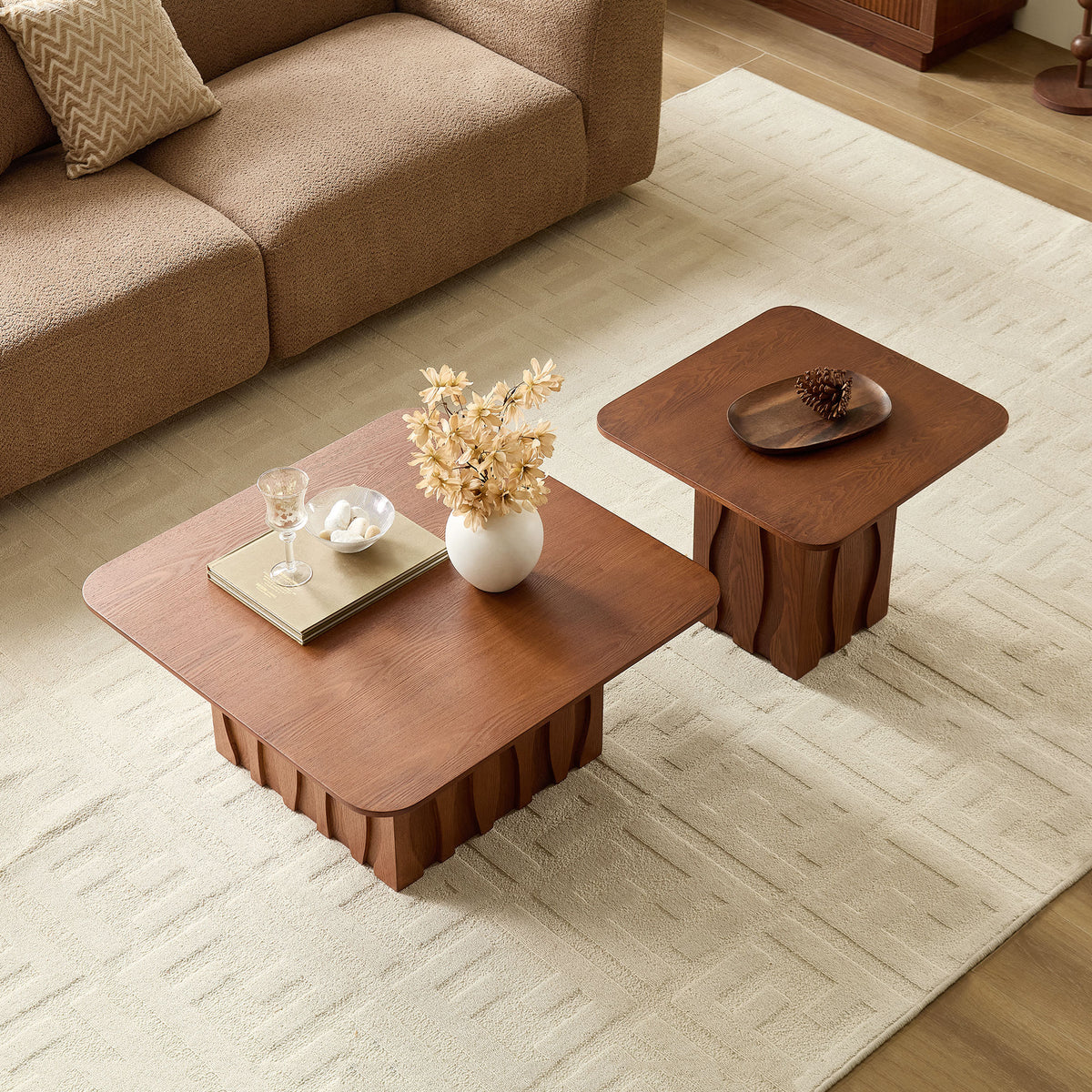 2Pcs Nesting Square Coffee Table Set For Living Room Mid Century Wavy Fluted Base Tables End Side Tables For Leisure Area Office Brown - Home Decor & Storage | VELOURY LIVING
