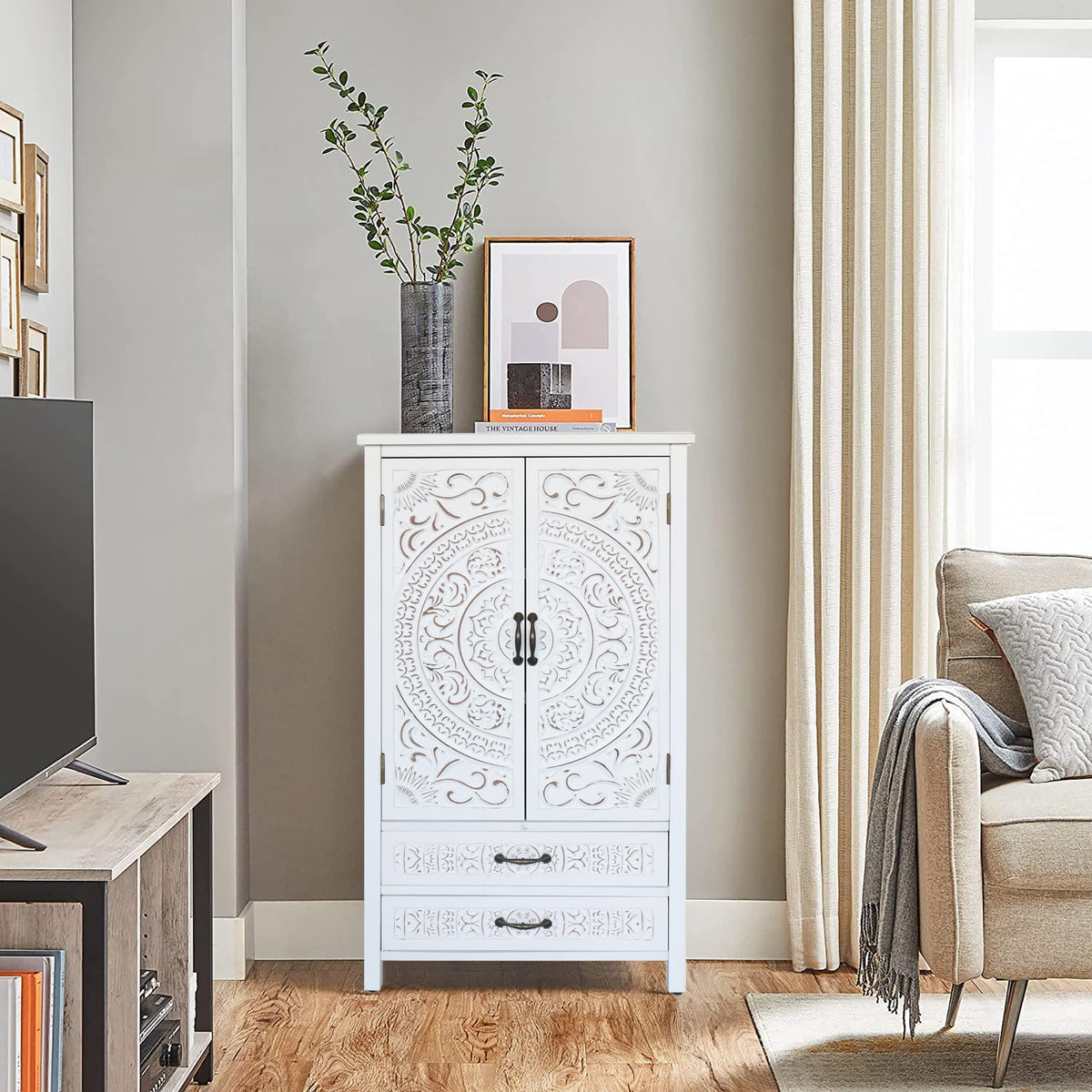 27 Accent Tall Tower White Storage Cabinet Rustic Wood Sideboard Pantry Cabinet Versatile Buffet Cabinet With Storage For Home Decor And Organization Chic Cabinet With Two Doors And Two Drawers - Home Decor & Storage | VELOURY LIVING