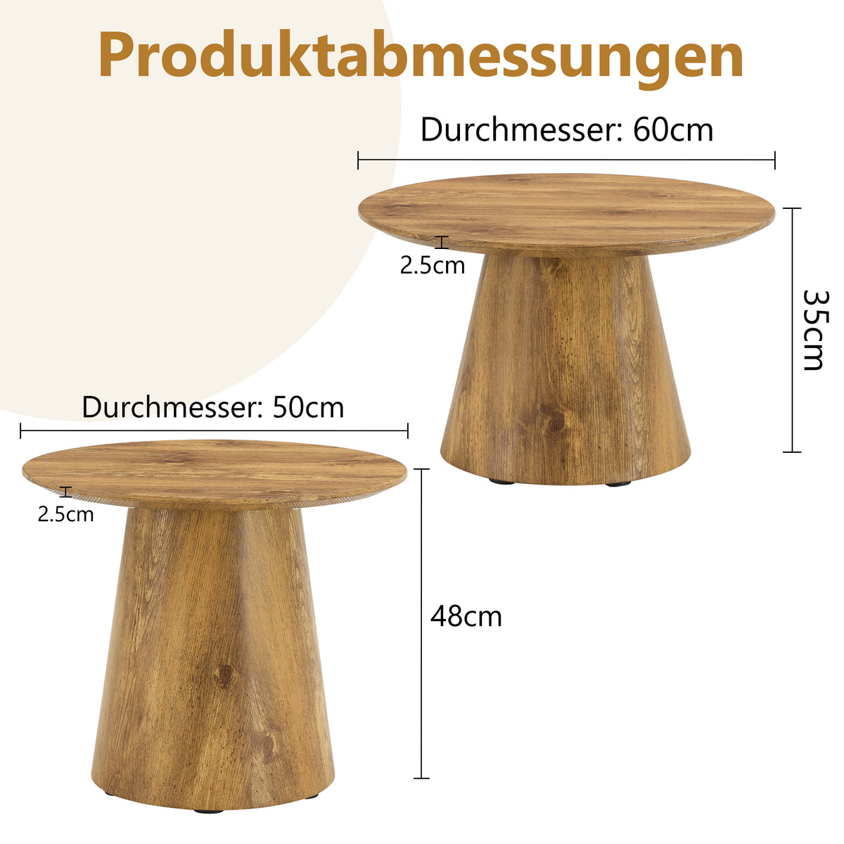 Coffee Table Set In Natural Wood Look Mdf 2 Round Stool Side Tables High 50X48 Cm Low 60X35 Cm Natural Grain Stable Base Suitable For Living Room Lounge Area - Home Decor & Storage | VELOURY LIVING