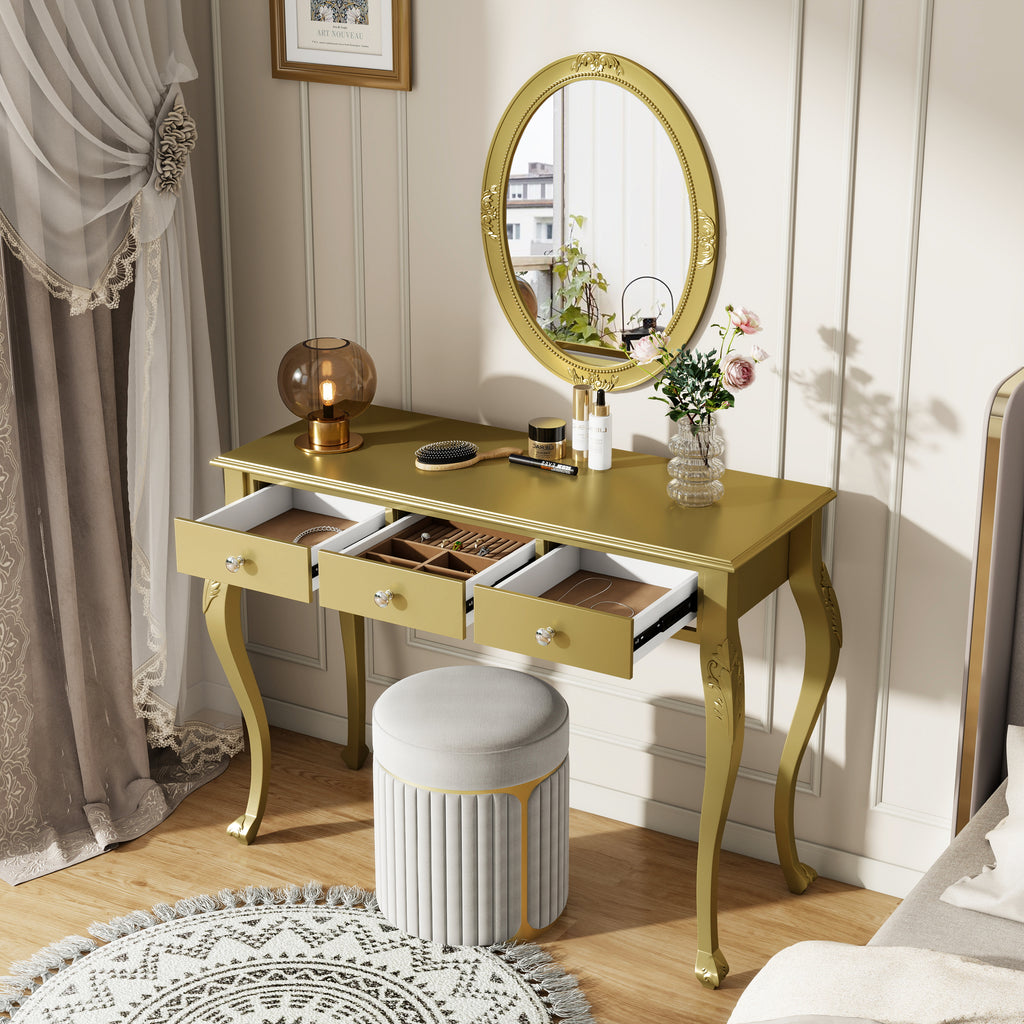 Luxury Makeup Vanity Desk With Oval Mirror 3 Drawer Dressing Table For Jewelry Storage Elegant Console Table For Entryway Living Room Bedroom Stylish Home Decor Gold - Home Decor & Storage | VELOURY LIVING