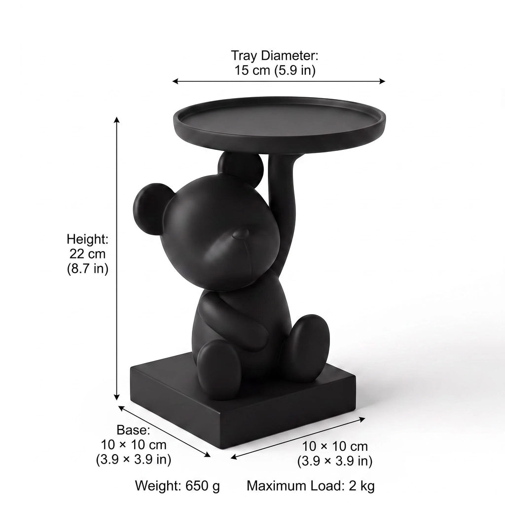 Black Teddy Bear Accent Side Table with Round Tray – Decorative Living Room Organizer