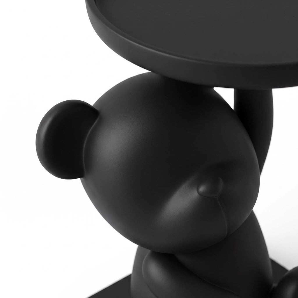 Black Teddy Bear Accent Side Table with Round Tray – Decorative Living Room Organizer